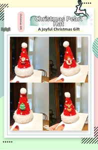 Detailed view of four Christmas hair clips with knitted red hats and pearl accents