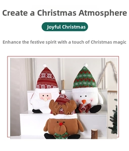 Detail of Christmas plush toys featuring Santa, Snowman and Reindeer with festive hats