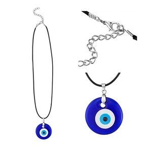 Collier classique œil bleu en verre avec cordon en cuir noir et fermoir argenté
