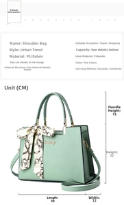 Mint green PU leather handbag with silk scarf detail and product dimension specifications