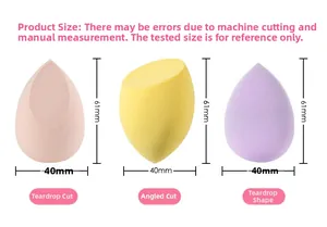 Detailed size specifications for teardrop and slanted makeup sponges in various colors
