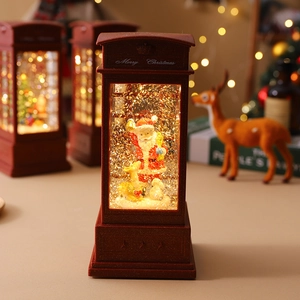 Close-up of Santa Claus inside a red lantern with floating glitter and LED light