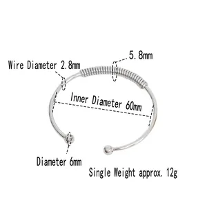 Minimalist silver stainless steel spring open cuff bracelet with adjustable ball ends