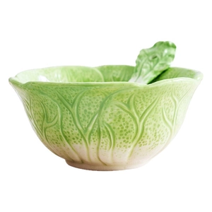 Creative ceramic cabbage-shaped salad bowl set with matching spoon in green and white