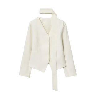 Blazer Chic Con Scollo A Sciarpa Da Donna Corto Maniche Lunghe Scollo A V Bianco Sporco Tessuto Minimalista