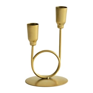 Porte-bougie double en métal doré mat avec socle circulaire au design minimaliste