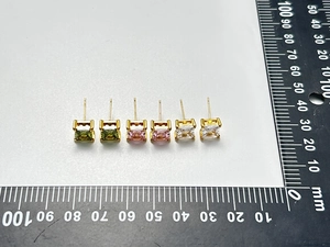Detailed size measurement of square zircon earrings in green, pink, and clear colors