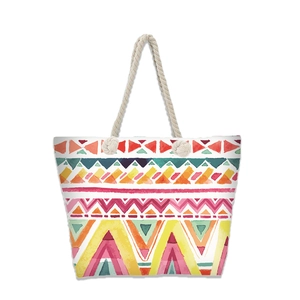 Bohemian canvas beach tote with ethnic patterns and thick nautical rope handles