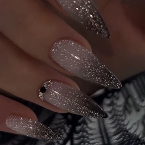Y2K Dark Grey Ombre Press On Nails Long Stiletto Fake Nails With Rhinestones And Silver Glitter For Women Fashion Nail Art