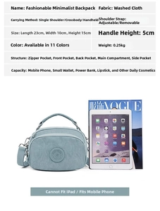 Fashionable washed cloth crossbody bag dimensions and internal capacity details