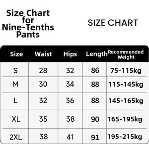 Size chart for high waist seamless yoga leggings showing waist, hip, and length measurements