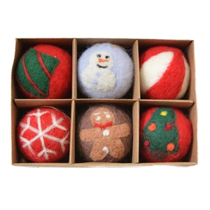 6-pack of handmade Christmas wool felt balls with snowman and gingerbread man designs