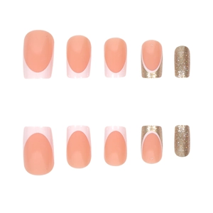 French tip press-on nails in pink and nude with gold glitter, medium square round shape