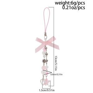 Detailed view of pink ribbon phone charm with beads, star pendant and size dimensions