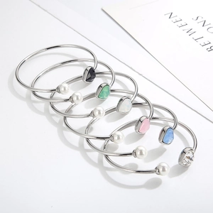 Rose gold heart and pearl open bangle set in six assorted zircon colors for women