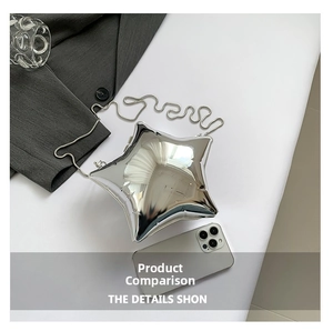 Top view of silver star-shaped acrylic evening bag with metallic chain and stylish lifestyle props