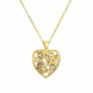 Elegant gold heart pendant necklace with marquise and round cut zircon stones