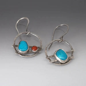 Vintage artisan turquoise and coral earrings with oxidized silver geometric hammered texture