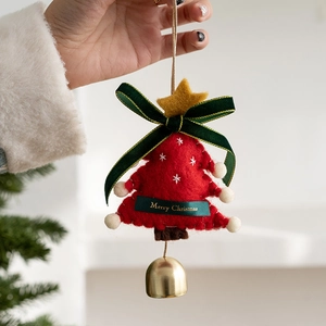 Red felt Christmas tree ornament with green ribbon, gold bell and snowflake embroidery