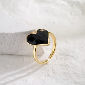 18K gold plated heart ring with black enamel and zircon in a minimalist luxury style