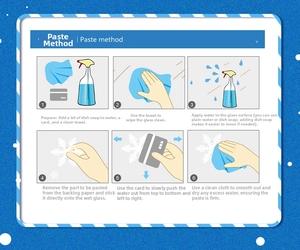 6-step visual guide for applying Christmas snowflake static window stickers on glass surfaces