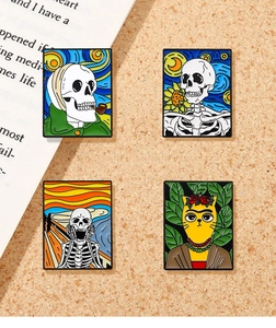 Artistic enamel pins featuring Van Gogh and Munch masterpieces in skeleton skull styles