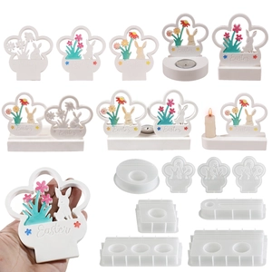 Easter Bunny Silicone Mold For Resin Plaster Candle Holder Desktop Decoration Flower Pattern Rabbit Design