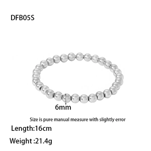 Macro shot of 6mm silver stainless steel beaded bracelet showing dimensions and 21.4g weight