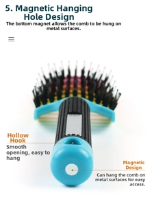 Detail of ergonomic curved hairbrush handle with anti-slip texture and magnetic hook