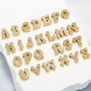 Micro Pave Cubic Zirconia Alphabet Initial Letter Charms Brass 18K Gold Plated Slider Beads For DIY Jewelry Making