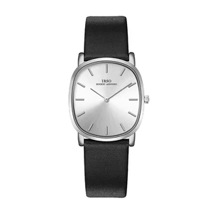IBSO men's ultra-thin fashion watch with cushion-shaped silver case and black leather strap