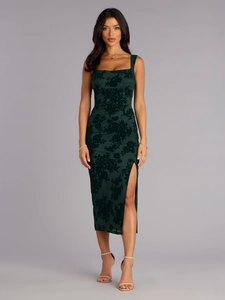 Elegant emerald green velvet floral midi dress with square neck and high side slit