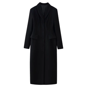 Women's elegant black long wool coat with lapel collar and single-breasted slim fit design