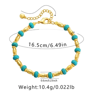 Detailed dimensions of turquoise bead bracelet with gold accents and lobster clasp
