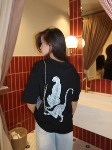 Women Oversized Cotton T-Shirt Back Leopard Print Round Neck Short Sleeve Casual Streetwear Loose Fashion Top
