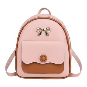 Pink and brown mini backpack for women featuring a gold bow buckle and faux leather finish