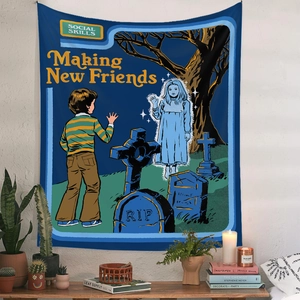 Dettaglio di arazzo in stile fumetto vintage con stampa Social Skills e Making New Friends