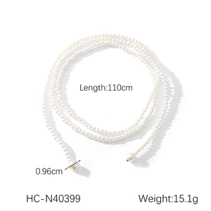Detail of layered pearl necklace featuring 110cm length and 0.96cm pearl diameter specs