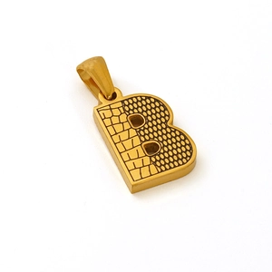Detailed close-up of 18k gold plated letter B pendant with textured bark pattern finish