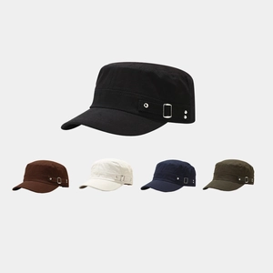 Retro Cotton Cadet Cap Flat Top Military Hat With Side Metal Buckle Rivet Decoration Adjustable Outdoor Casual For Men