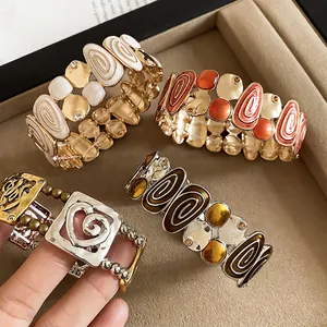 Wide Elastic Bangle Bracelet Alloy Enamel Oil Drip Hollow Heart Spiral Pattern Retro Bohemian Jewelry For Women