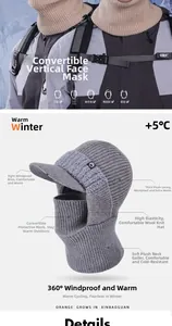 Detail of gray knitted balaclava with warm fleece lining and windproof brim design
