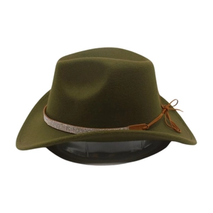 Detail of army green felt wide brim cowboy hat with diamond-studded band and ribbon