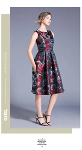 Close-up of sleeveless A-line dress with floral print and waist-cinching details