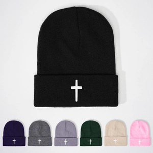 Knitted Beanie Hat Acrylic Warm Cuffed Cross Embroidery Winter Outdoor Casual Streetwear Unisex