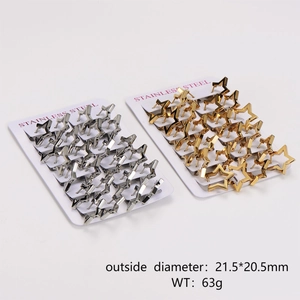 Star-shaped stainless steel hoop earrings in gold and silver finish set on display card