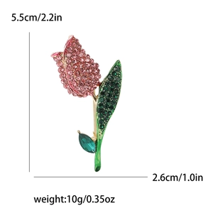 Detail view of tulip brooch dimensions 5.5cm by 2.6cm with pink and green rhinestones