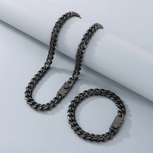 Polished Cuban link necklace and bracelet set featuring magnetic clasps in dark grey