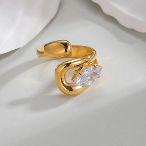 Asymmetric gold titanium steel open ring with marquise cut zircon gemstone for women