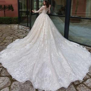 Elegant long sleeve lace wedding dress with cathedral train and open back for women